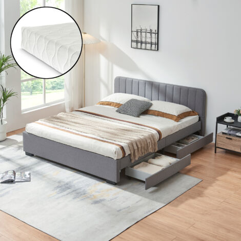 Cama matrimonio Nofrenna 4 cajones tapizada lino + colchón 160x200 cm Gris [en.casa]