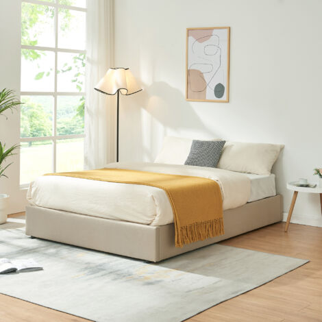 Cama matrimonio Nola somier abatible lino 140x200cm Beige [en.casa]