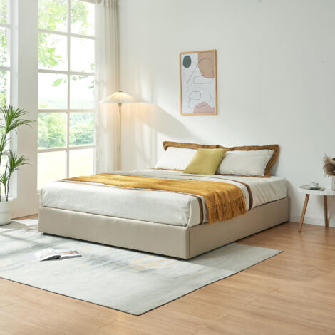 Cama matrimonio Nola somier abatible lino 180x200cm Beige [en.casa]