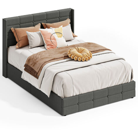 Cama Matrimonio Tapizada 140 x 200 cm Bealife con Canapé Hidráulico Cabecero Láminas de Madera y Estructura de Metal Gris Oscuro