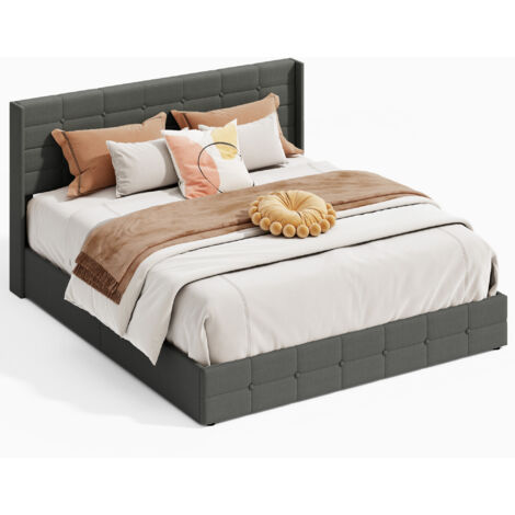 Cama Matrimonio Tapizada 180 x 200 cm Bealife con Canapé Hidráulico Cabecero Láminas de Madera y Estructura de Metal Gris Oscuro