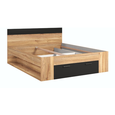 Cama Melvele 108, Roble + Negro, Doble, 160x200, Aglomerado laminado, 166x205x90cm