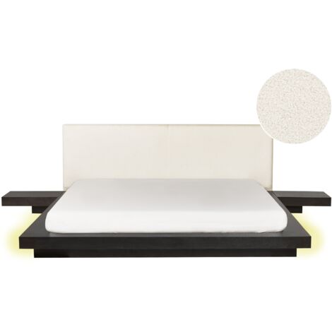 Cama moderna 180 x 200 cm con plataforma con LED mesitas de noche cabecero de bouclé madera de fresno oscuro Zen
