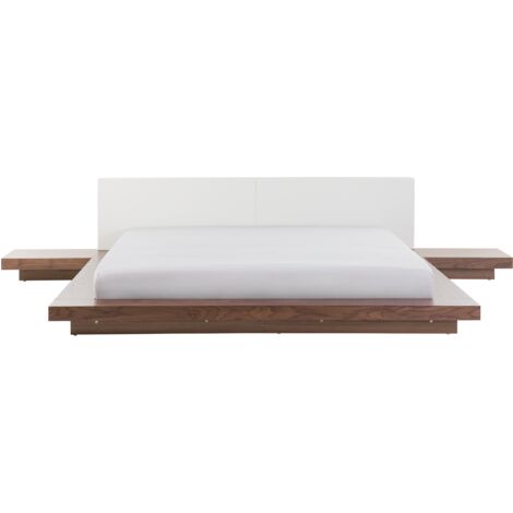 Cama moderna 180 x 200 cm con plataforma mesitas de noche cabecero de piel sintética MDF madera de fresno marrón Zen