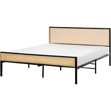 Cama moderna de hierro con somier de láminas ratán sintético trenza vienesa cabecero negro 160 x 200 cm Avanton