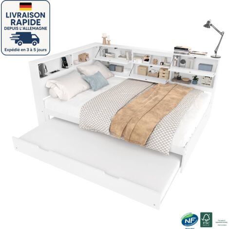 MODFU Cama nido 140x200cm + 90x190cm - Espacio de almacenaje en L en la cabecera - Con toma de corriente - Con somier y cabecero - Madera con certificación PEFC - Blanco