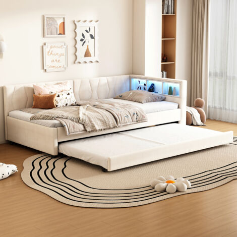 Cama Nido 90×200 cm, Cama Individual con Cama Extraíble, USB, Tipo C, LED Ajustable y Estantes, sin Colchón, Lino Beige