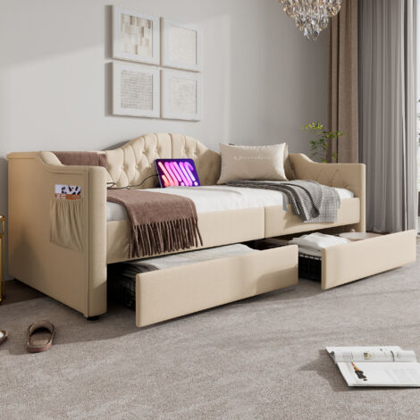 Cama nido 90x200 cm con carga USB Tipo-C con 2 cajones beige terciopelo (Sin Colchón)