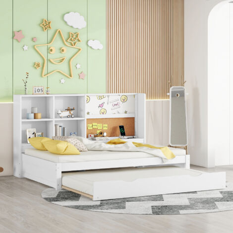 Cama nido 90x200 cm con puerto de carga USB tablero de dibujo múltiples compartimentos de almacenamiento blanco(Sin Colchón)