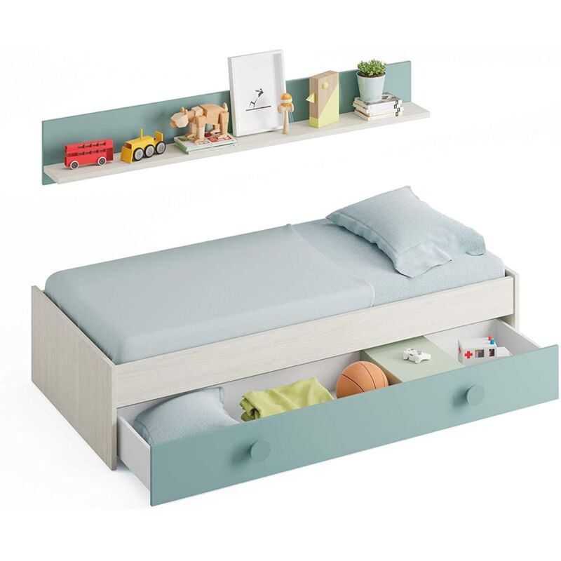 

Cama nido Boy con estantería de pared Blanco Alpes combinado Verde Aqua