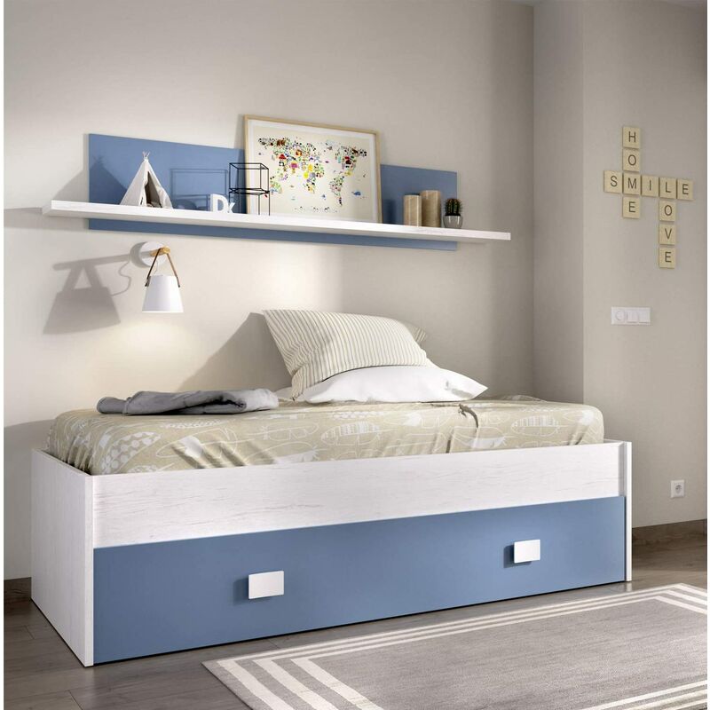 

Cama Nido con Cajon y Estante Superior Acabado Artic y Azul. para colchón de 90x190cm