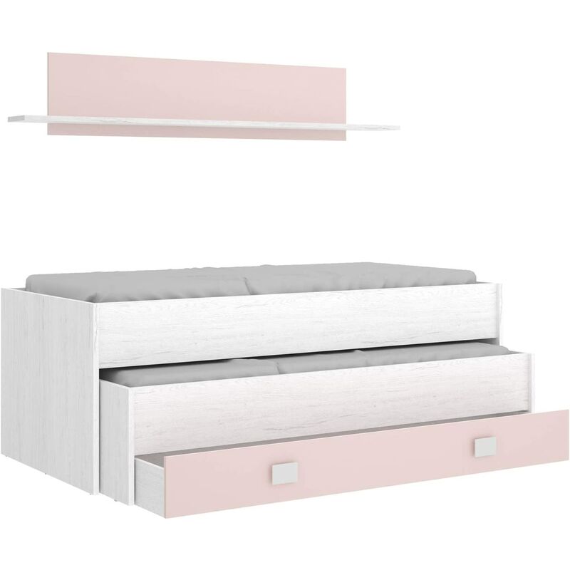 

Cama Nido Juvenil con Cajon y Estante Superior Acabado Blanco Artic y Rosa