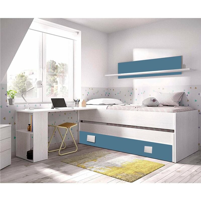 

Cama Nido Juvenil con mesa Escritorio, Incluido Gran Cajon y Estante