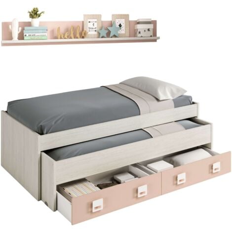 Cama Nido Nube con Estantería habitación Infantil Juvenil Color Blanco Alpes y Rosa Pastel 199x69x96 cm