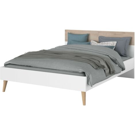 MIROYTENGO Cama Osaka Dormitorio Matrimonio Estilo Nórdico Color Roble Japonés y Blanco 135-140x190 cm