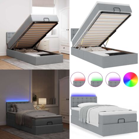 Cama otomana con colchón y LED tela gris claro 80x200cm - Colchón con muelles ensacados - Almacenamiento debajo de la cama