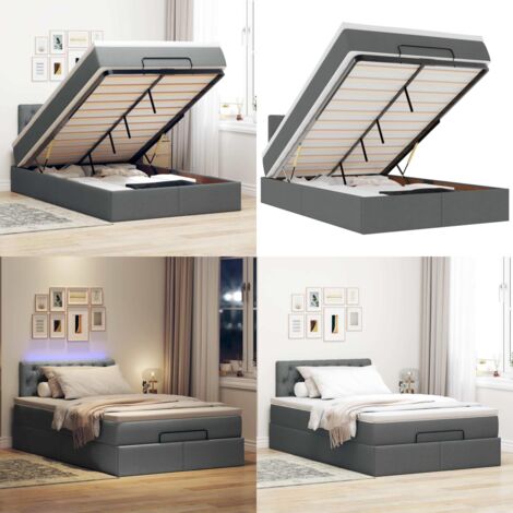 Cama otomana con colchón y LED tela gris oscuro 120x200 cm - Colchón con luz LED - Cama con almacenamiento