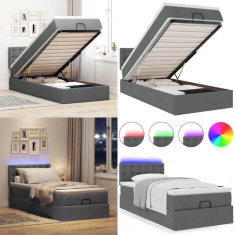Cama otomana con colchón y LED tela gris oscuro 80x200cm - Colchón con muelles ensacados - Almacenamiento debajo de la cama
