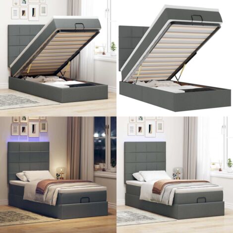 Cama otomana con colchón y LED tela gris oscuro 80x200cm - Colchón con muelles ensacados - Almacenamiento debajo de la cama