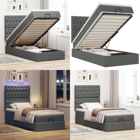 Cama otomana con colchón y LED tela gris oscuro 80x200cm - Colchón con muelles ensacados - Almacenamiento debajo de la cama