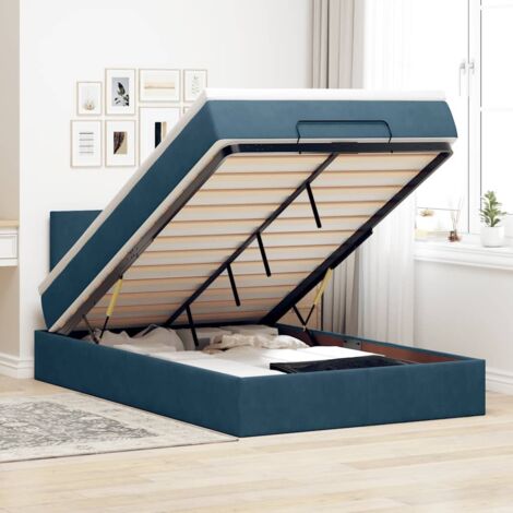 Cama otomana con colchón y LED terciopelo azul oscuro 120x190cm
