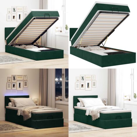 Cama otomana con colchón y LED terciopelo verde oscuro 80x200cm - Colchón con muelles ensacados - Cama con luz LED