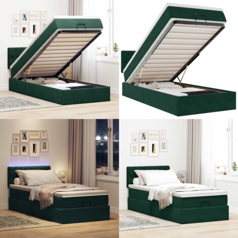 Cama otomana con colchón y LED terciopelo verde oscuro 90x200cm - Colchón con muelles ensacados - Cama con almacenamiento