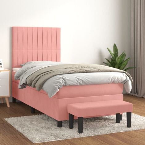 Cama infantil 90 x 190 cabecero terciopelo rosa MOANA