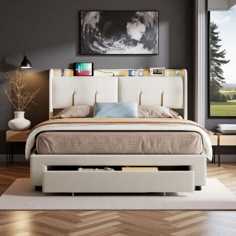 Cama para adultos 140 x 200 cm con cajones - Terciopelo beige - USB y LED - Somier de 12 láminas