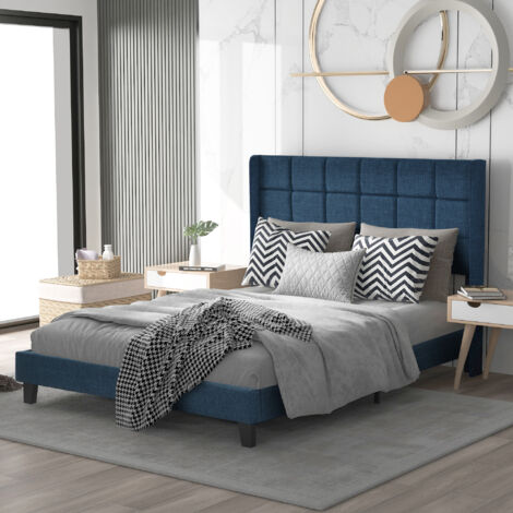 Cama para adultos, cama para niños, cabecero, ropa de cama, cama para adolescentes, cama doble de 140x200 cm, azul, sin colchón
