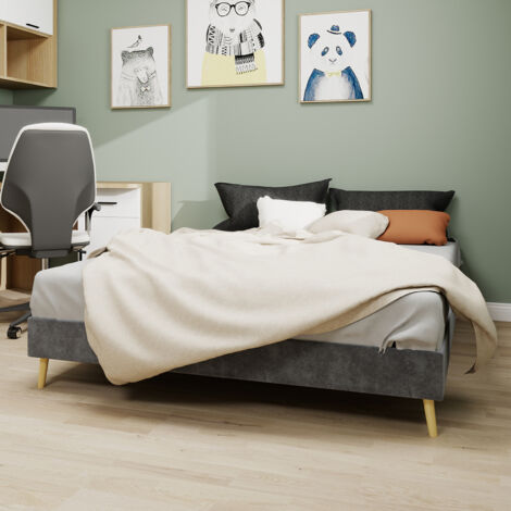 Cama para adultos de 140x200 cm, patas metálicas, somier de láminas, sin cabecero ni colchón, tapizada en terciopelo gris