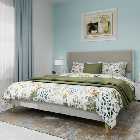 Cama para adultos de 160x200 cm, somier tapizado de láminas, cabecero acolchado, colchón no incluido, estructura textil y metálica, color beige