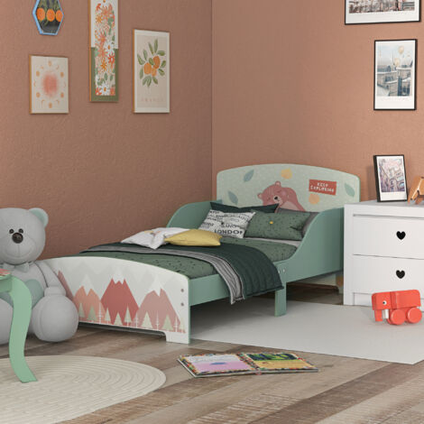 Cama para Niños 143x77x60 cm Cama Infantil de 3-6 Años con Barreras de Protección y Estampados Carga Máx. 40 kg Verde