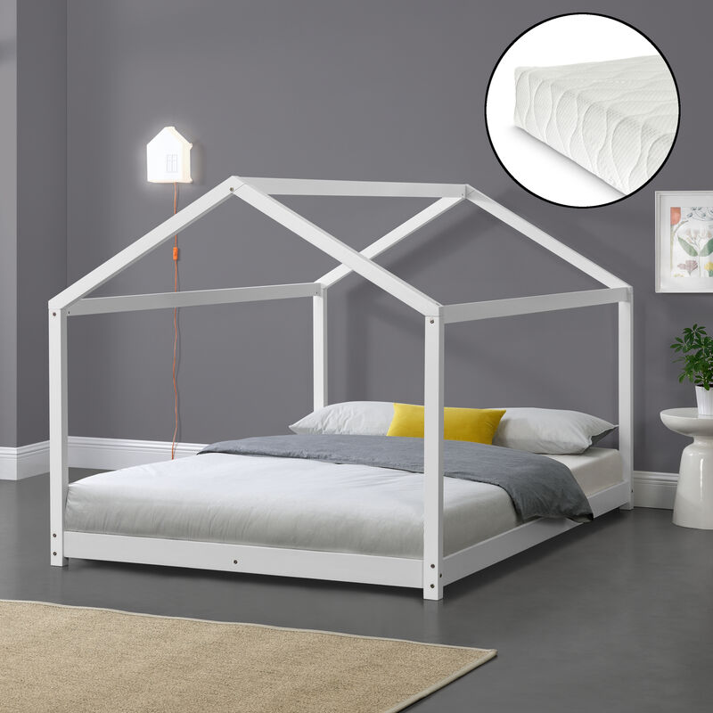 

Cama para niños con Colchón de Espuma fría - Cama Infantil - 200x140cm - Estructura Forma Casa de Madera Pino - Certificado Oeko-Tex 100 - Blanco