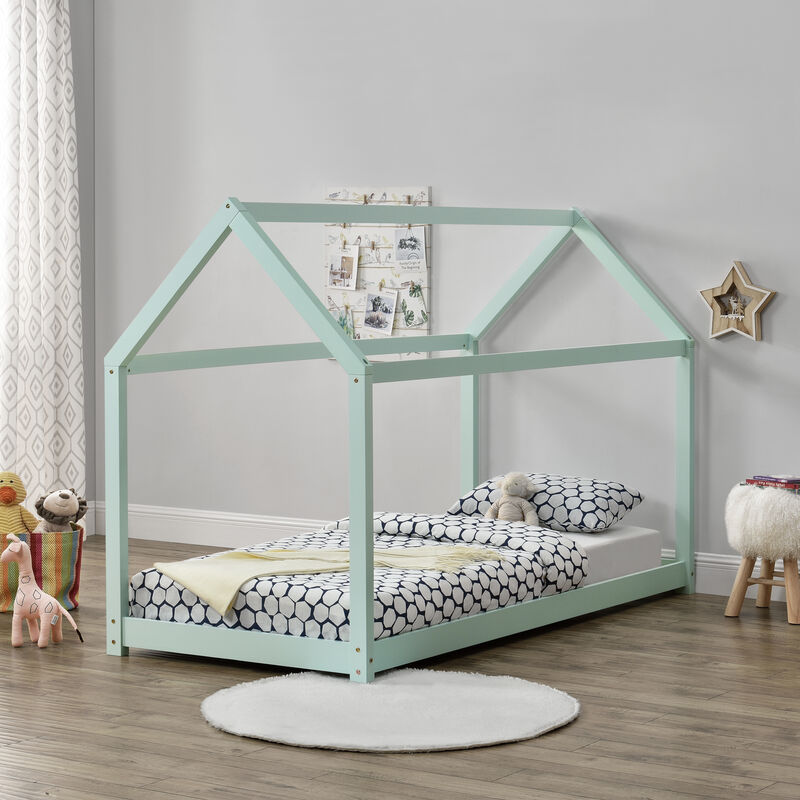 

Cama para niños de madera pino - 200x90cm - Cama infantil - Forma de casa - Color verde menta lacado mate