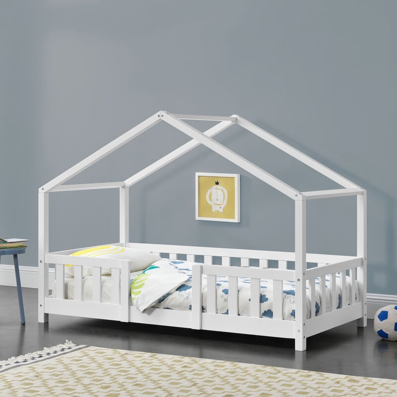 

Cama para niños de Madera Pino - 70 x 140 cm - Cama Infantil con Reja Protectora - Casita - Forma de casa - Blanco Mate Lacado