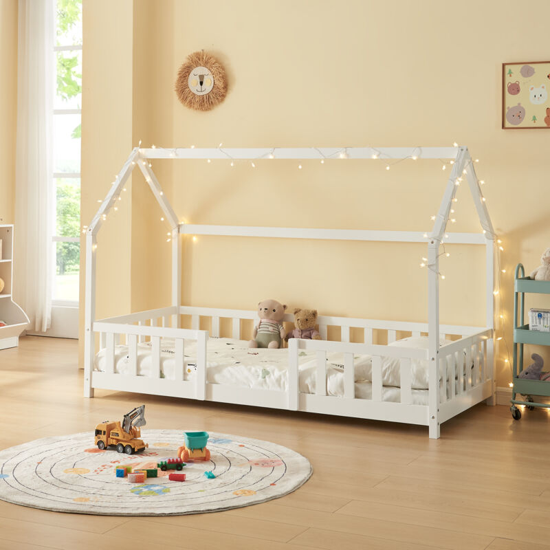 

Cama para niños de Madera Pino - 90 x 200 cm - Cama infantil con Reja Protectora - Forma de casa - Casita - Blanco mate lacado