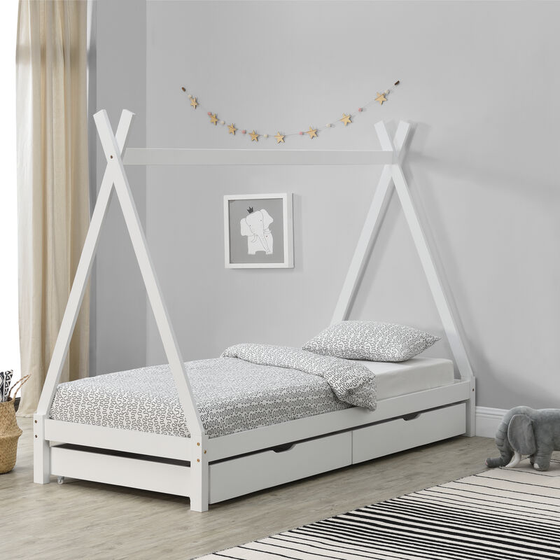 

Cama para Niños de Madera Pino - 90 x 200 cm - con 2 Cajones para Almacenar - en Diseño de Carpa Indio - Cama infantil - Estructura tipi - Color