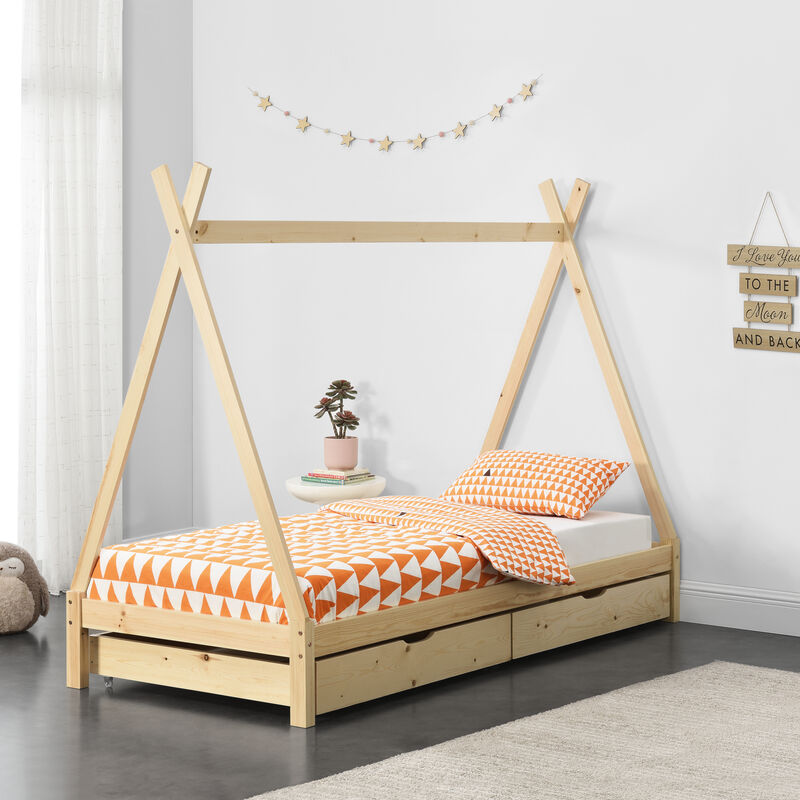 

Cama para Niños de Madera Pino - 90 x 200 cm - con 2 Cajones para Almacenar - en Diseño de Carpa Indio - Cama infantil - Estructura tipi - Color Pino