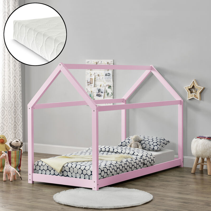 

Cama para niños de madera pino con colchón de espuma fría - 200 x 90 cm - Cama infantil - Forma de casa - Textil de confianza - certificado Öko-Tex