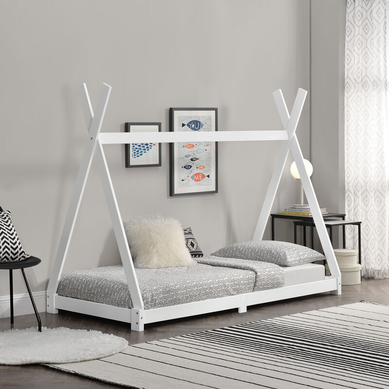 

Cama para niños de Madera Pino Höri - 90 x 200cm - Cama infantil - Estructura Tipi con Somier - Blanco lacado mate