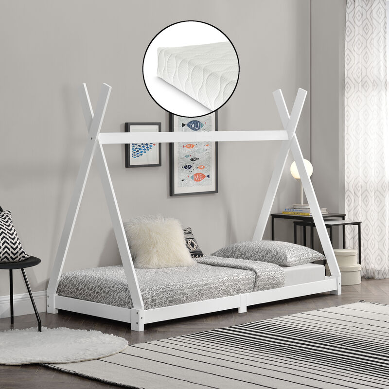 

[en.casa] - Cama para niños de Madera Pino Höri - 90x200cm - Cama infantil - Estructura Tipi - con Somier y Colchón de Espuma fría - Textil de