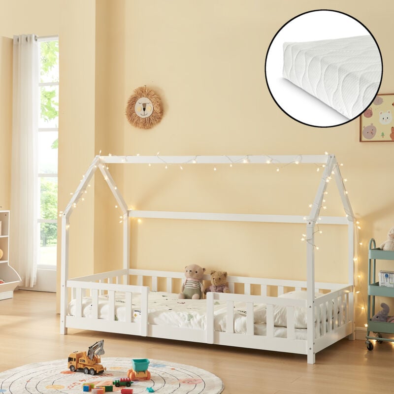 

Cama para niños de Madera Pino Sisimiut con Colchón de Espuma fría - 90 x 200 cm - Cama infantil con Reja Protectora - Forma de casa - Casita