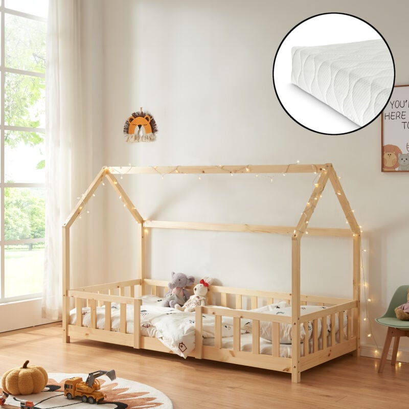 

Cama para niños de Madera Pino Sisimiut con Colchón de Espuma fría - 90 x 200 cm - Cama infantil con Reja Protectora - Forma de casa - Casita