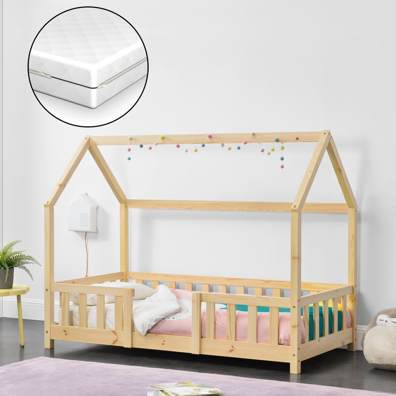 

Cama para niños de Madera Pino Sisimiut con Colchón Ortopédico - 80 x 160 cm - Cama infantil con Reja Protectora - Forma de casa - Casita - Pino