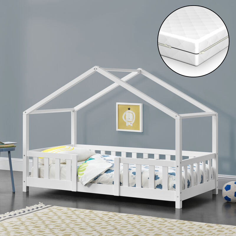 

Cama para niños de Madera Pino Treviolo con Colchón Ortopédico - 80 x 160 cm - Cama Infantil - con Reja Protectora - Casita - Forma de casa - Blanco