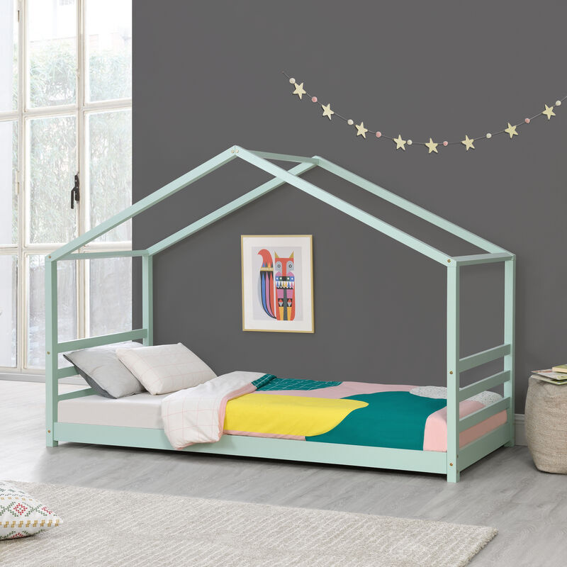

Cama para niños de Pino - 200 x 90 cm - Cama Infantil - Forma de casa - en Color Verde menta lacado mate