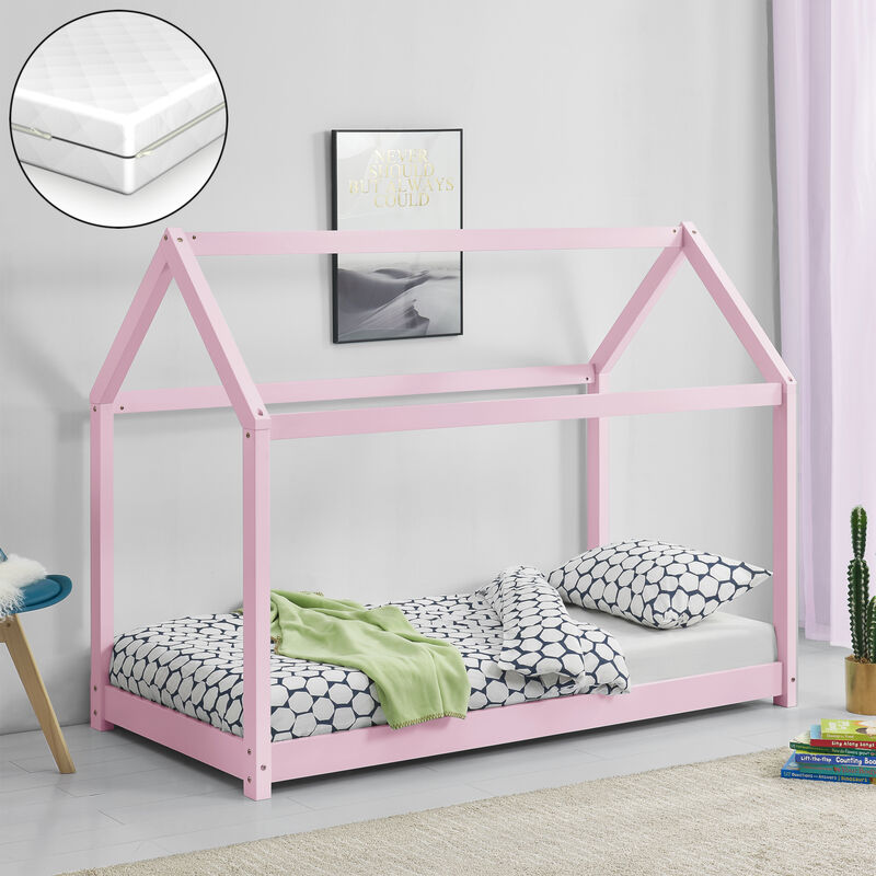 

Cama para niños - de Pino - con Colchón de Espuma fría - 160x80 cm - Cama Infantil - Forma de Casa - Color Rosa Mate - Certificado Oeko-Tex 100