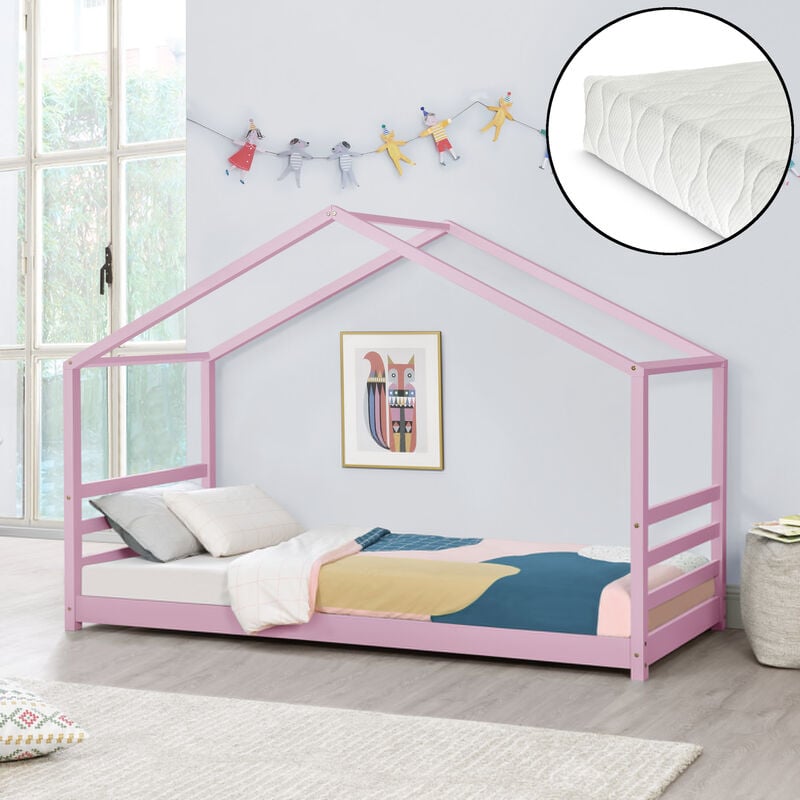 

Cama para niños de Pino con Colchón de Espuma fría - 90 x 200 cm - Cama Infantil - Forma de Casa - Certificado Oeko-Tex 100 - Rosa