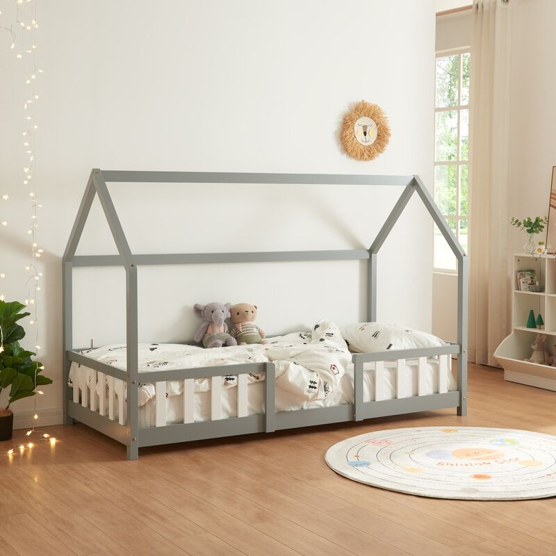 

Cama para niños en Forma de Casa con Reja Protectora Madera de Pino 207 x 96 x 140 cm Chapa de Madera Gris Claro Blanco Mate Lacado